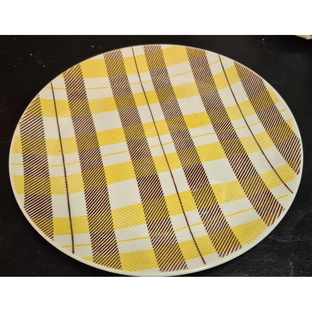 Vintage Royal China Dura-Gloss Verna Plaid Dinner Plate‎ Yellow Brown 9 Inch MCM